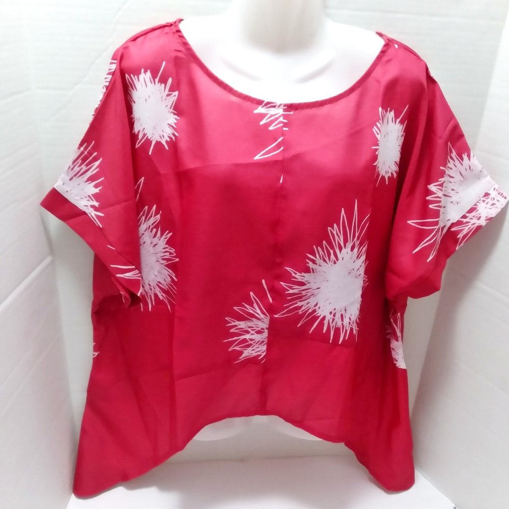MissLook Asymmetrical Hem Top Blouse Floral Short Sleeves Pink/White Sz L